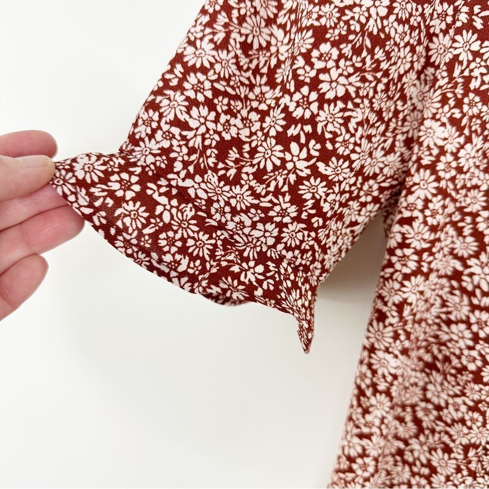 Montreal Rust Colored Patterned Button Up Ruffle‎ Short Sleeve Peasant Dress - Picture 6 of 14